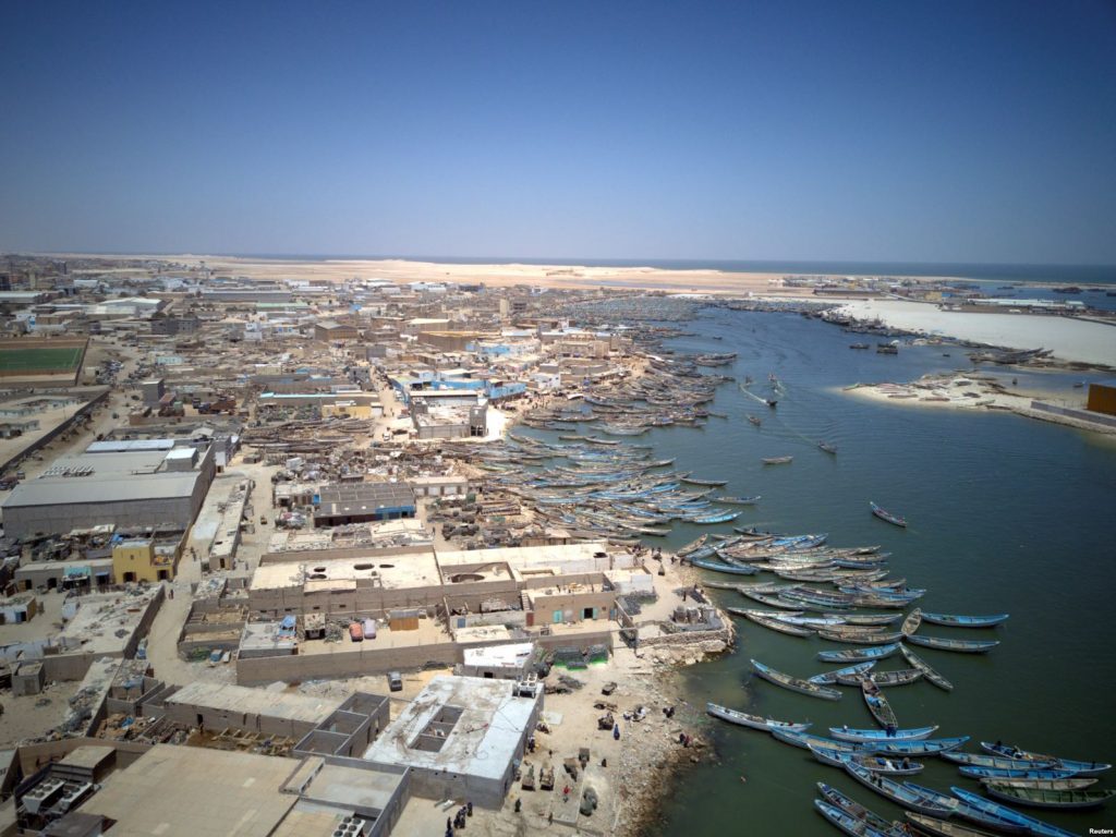 An aerial view of fishing boats moored in Nouadhibou, Mauritania
