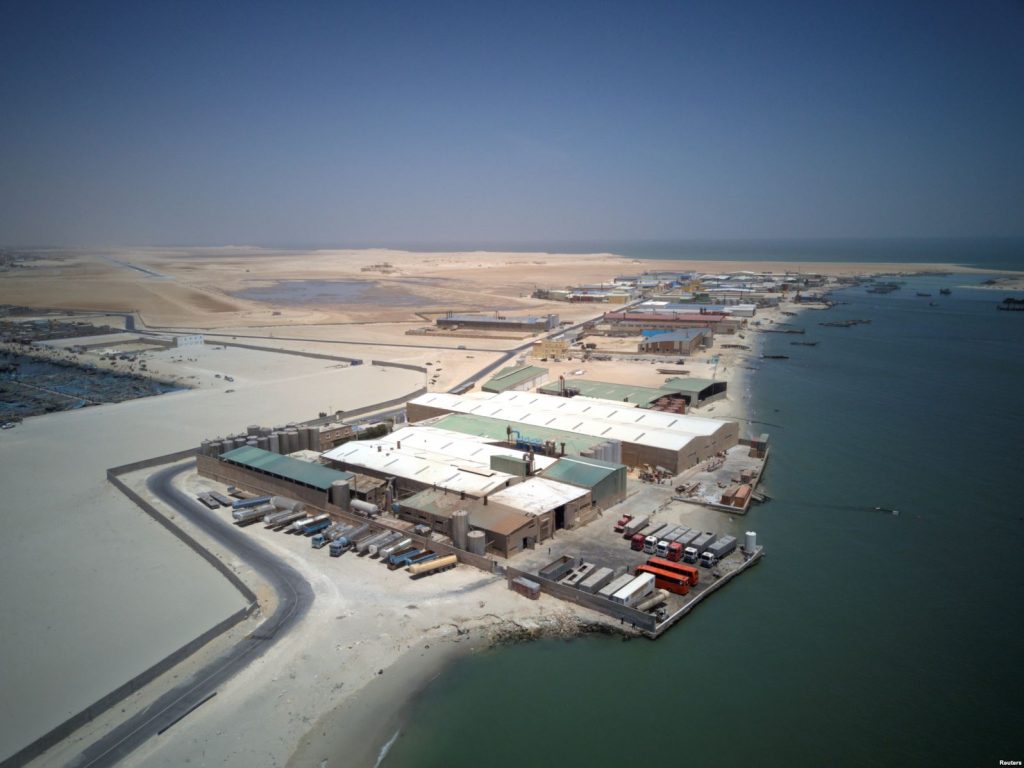 An aerial view of fishmeal production plants in Nouadhibou, Mauritania, April 14, 2018