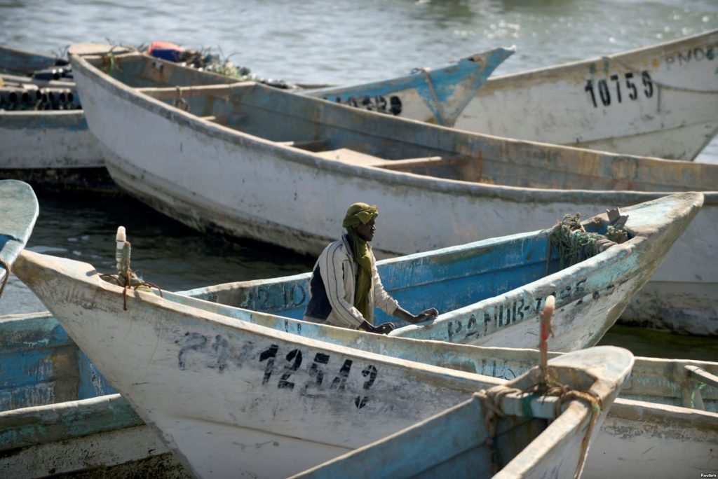 Artisanal fishing boats moored in the harbor at Nouadhibou, the main port in Mauritania