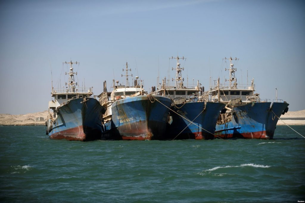 hinese fishing vessels are seen moored off the coast of Nouadhibou, Mauritania, April 14, 2018.